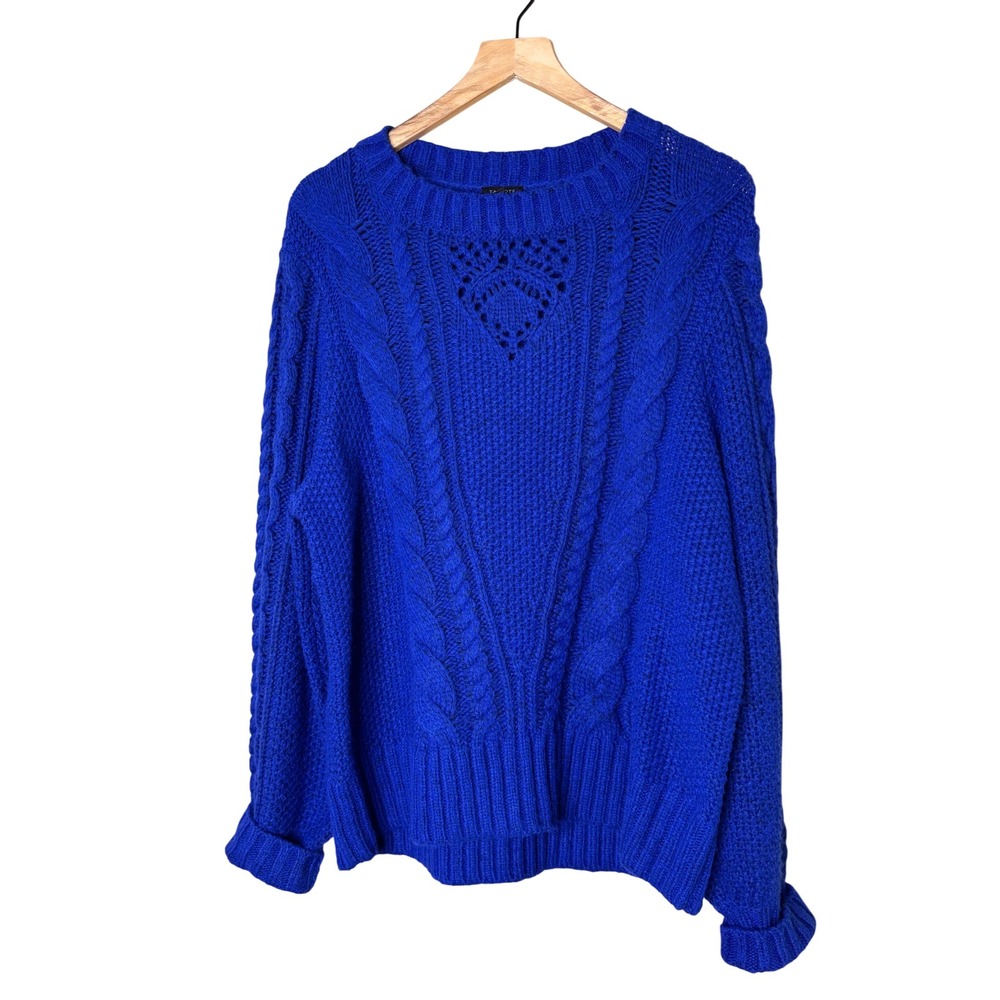 Talbots Womens XL Royal Blue Cable Knit Pointelle Wool Blend Sweater Crew Neck